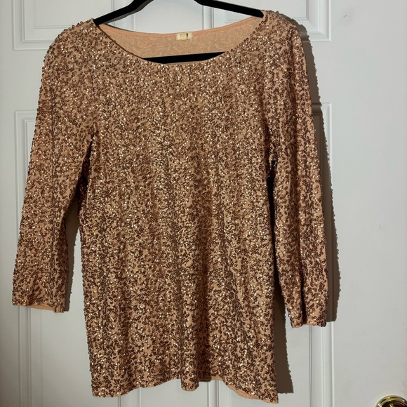J. Crew Rose Gold 3/4 Sleeve Sequined Top, Size Medium - Picture 1 of 9